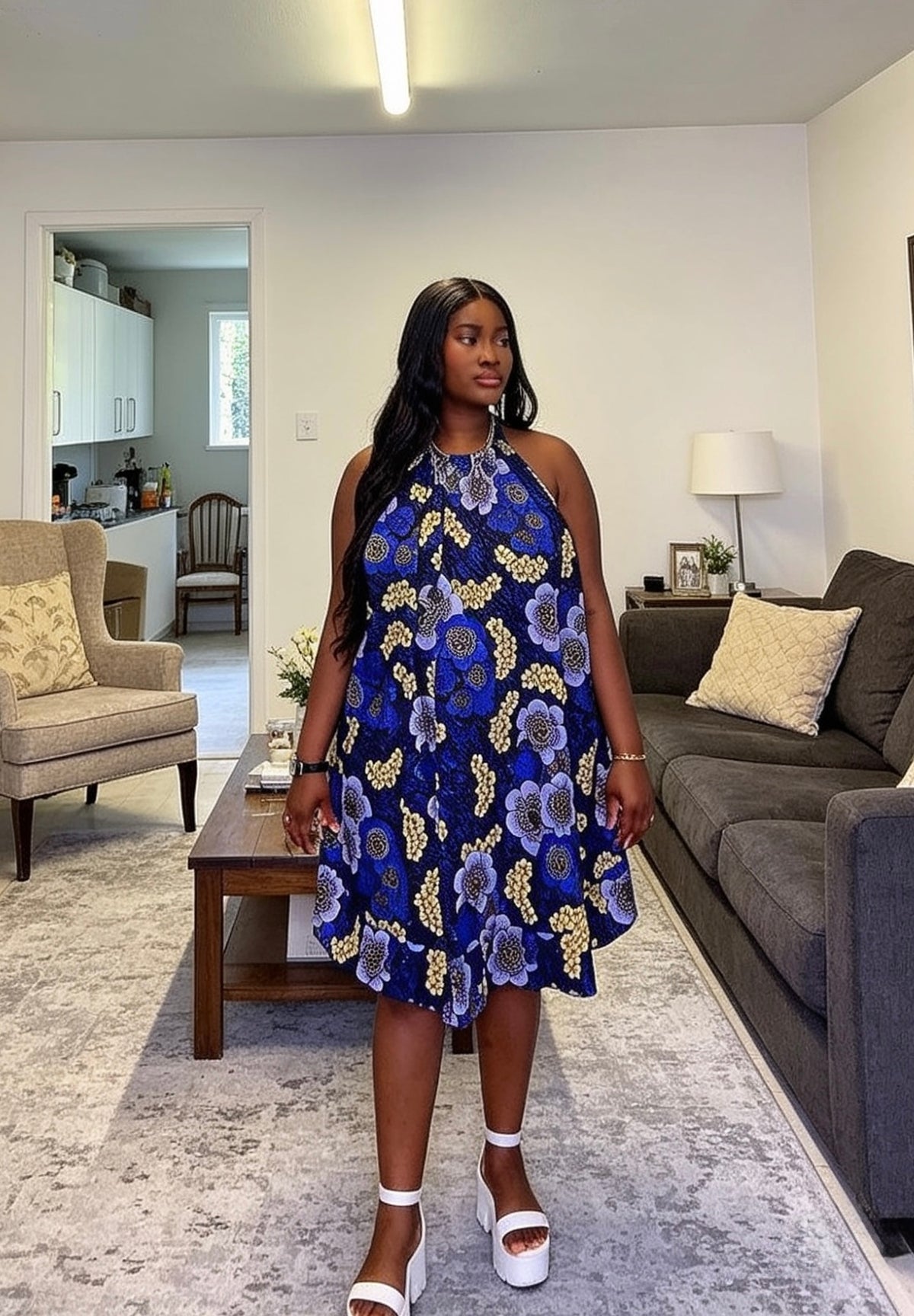sapphire blossom summer dress
African print summer dress UK
floral Ankara maxi dress
blue floral African dress
women summer ready to wear dress