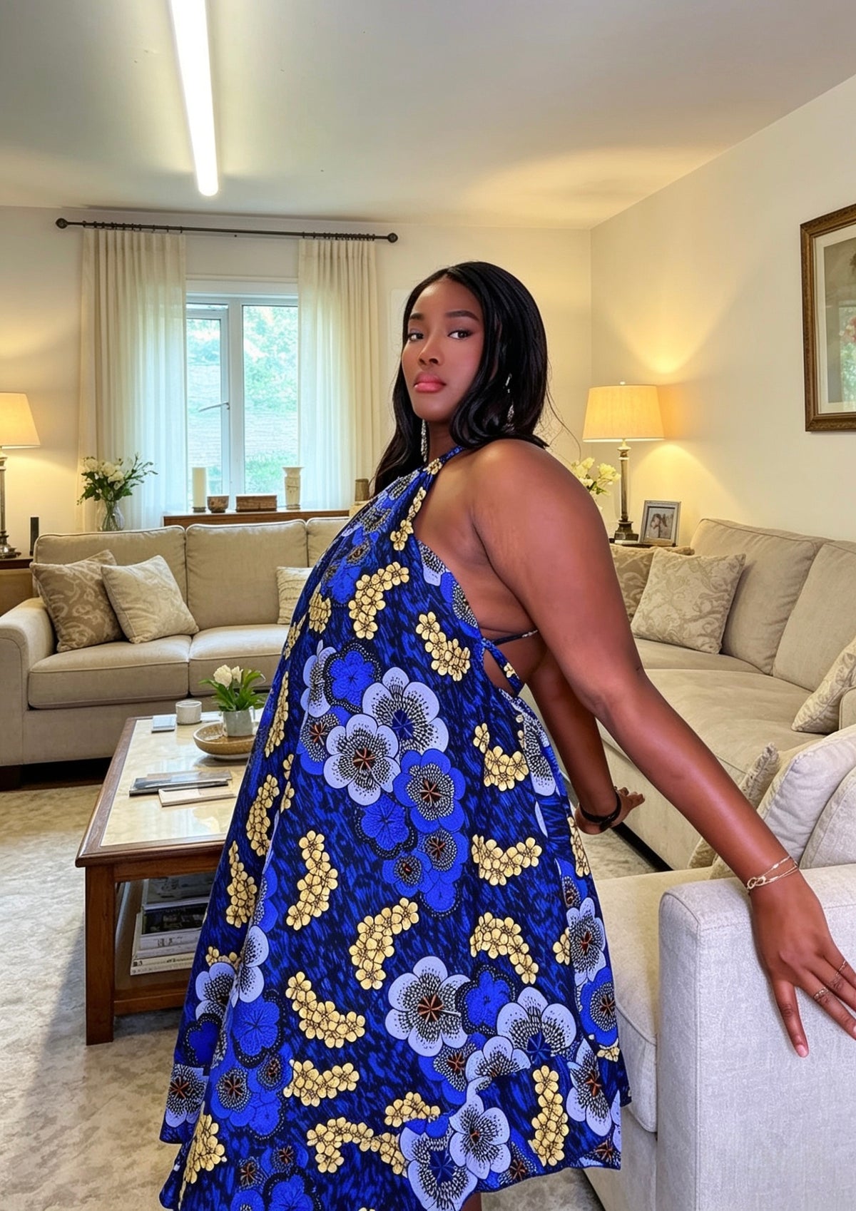 sapphire blossom summer dress

African print summer dress UK

floral Ankara maxi dress

blue floral African dress

women summer ready to wear dress